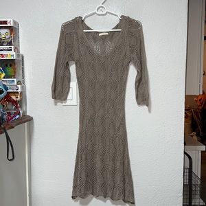 Knit Brown 3/4 sleeves Crochet Dress (S)